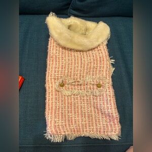 New York Dog leash hole pink cream tweed dress 16” fur lined coat doggie pup 🐶